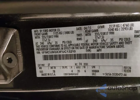 2015 Ford Escape Se z USA, uszkodzony, nr VIN 1FMCU9GX3FUC13210